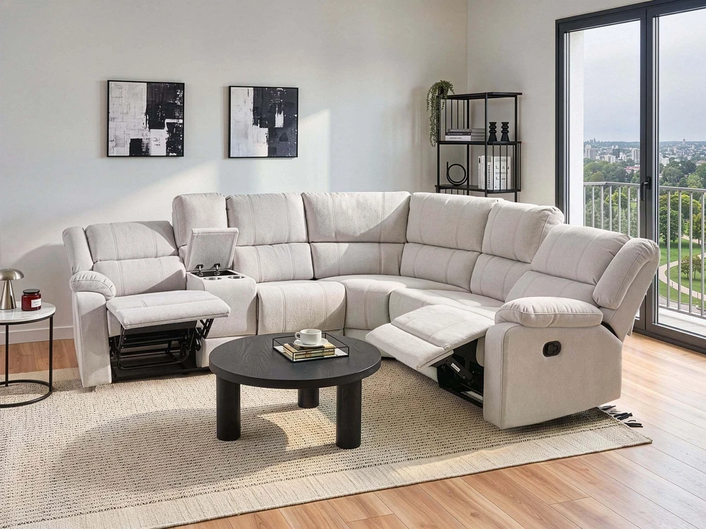 Beliani Kampinė sofa ROKKE su rankine relaksacijos funkcija, 5 vietos, šviesi smėlio spalva, kairinė