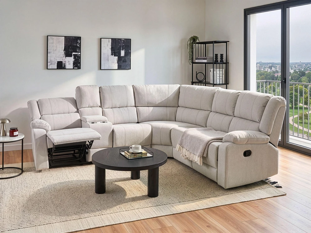 Beliani Kampinė sofa ROKKE su rankine relaksacijos funkcija, 5 vietos, šviesi smėlio spalva, kairinė