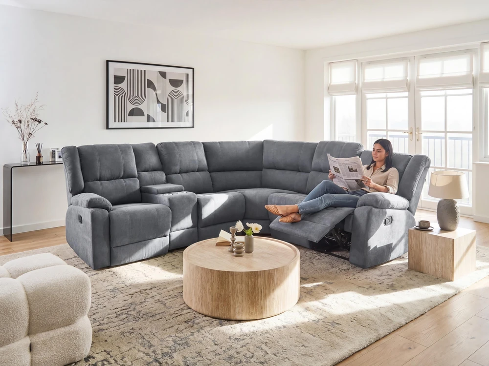 Beliani Kampinė sofa su rankine relaksacijos funkcija 5 asmenims ROKKE pilka, kairinė
