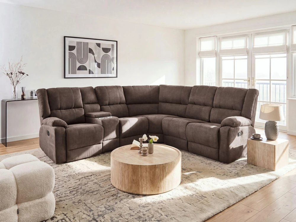 Beliani Kampinė sofa su rankine relaksacijos funkcija 5 asmenims ROKKE smėlio pilkumo spalvos, kairinė