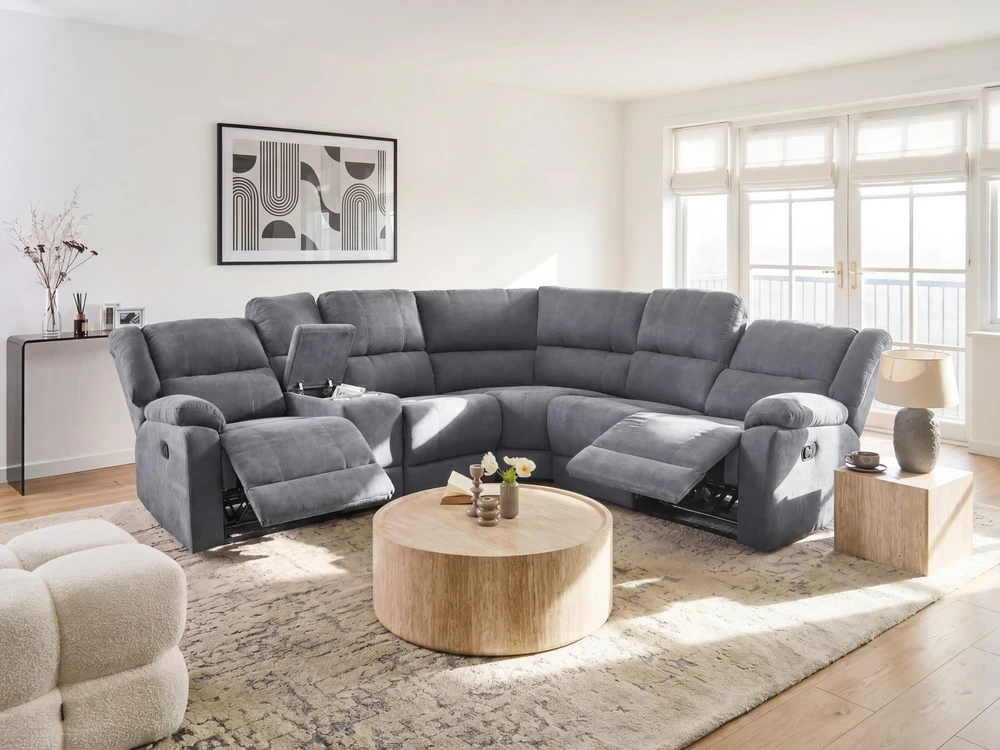 Beliani Kampinė sofa su rankine relaksacijos funkcija 5 asmenims ROKKE pilka, kairinė