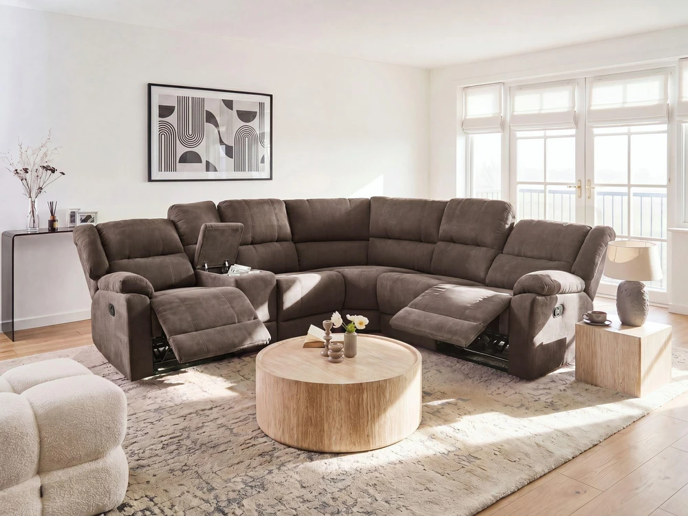 Beliani Kampinė sofa su rankine relaksacijos funkcija 5 asmenims ROKKE smėlio pilkumo spalvos, kairinė