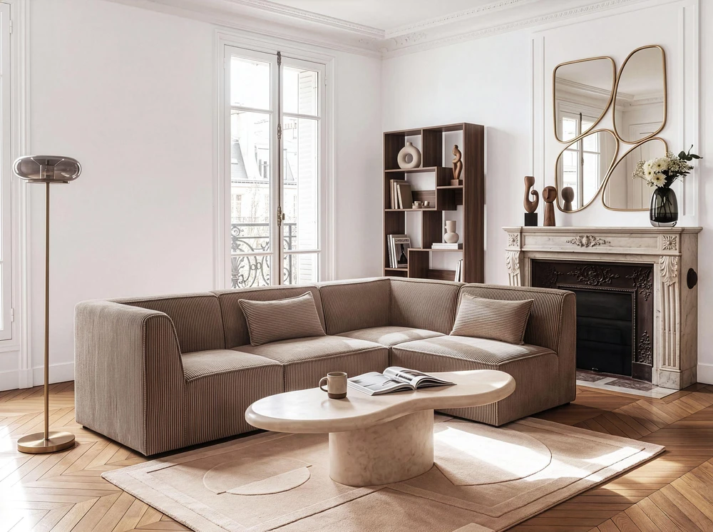 Sofa Beliani Kampinis modulis LEMVIG dešininis smėlio spalvos velvetinis