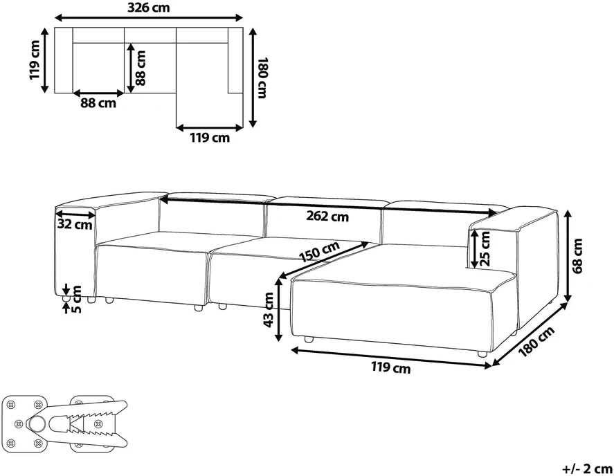 Beliani Keturvietė modulinė kampinė sofa ARDAL, kairinė, šviesiai ruda, velvetas