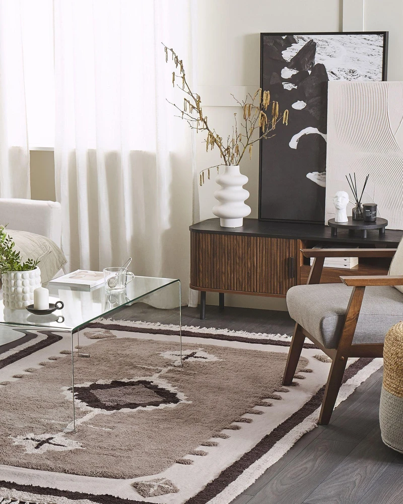Beliani Kilimas GEYVE smėlio spalvos 140 x 200 cm medvilninis
