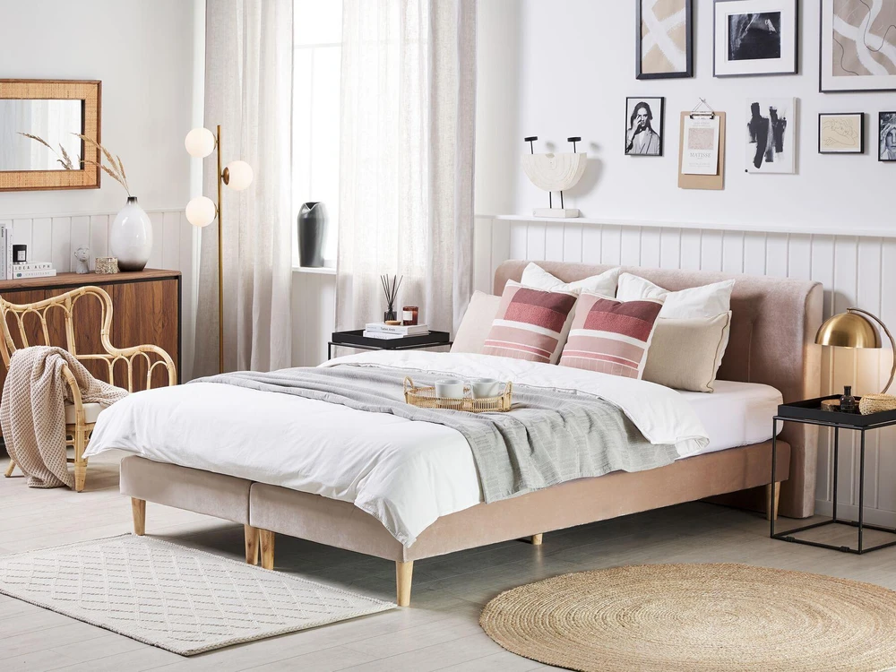 Beliani Kontinentinė lova Welur MARQUISE 160 x 200 cm smėlio spalvos