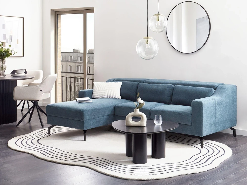 Beliani L formos sofa GLOSLI 4 asmenims, mėlynas šenilinis audinys, dešininė