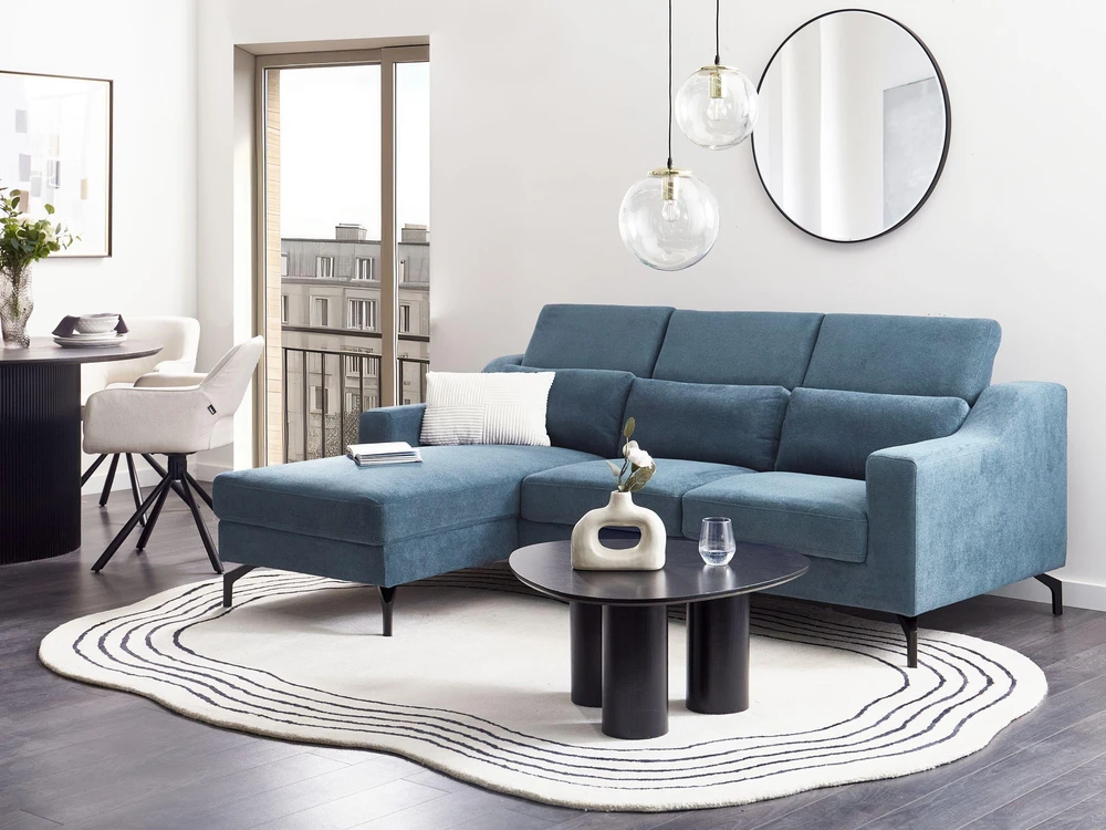 Beliani L formos sofa GLOSLI 4 asmenims, mėlynas šenilinis audinys, dešininė