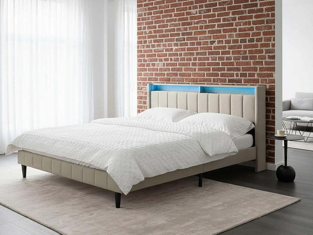 Beliani LED lova BEAULIEU, smėlio spalvos, 180 x 200 cm, su USB prievadu ir daiktadėže