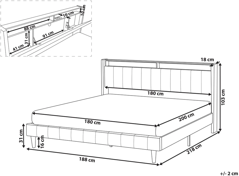 Beliani LED lova BEAULIEU tamsiai pilka 180 x 200 cm su USB prievadu ir daiktadėže
