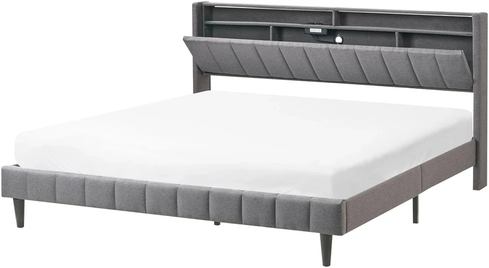 Beliani LED lova BEAULIEU tamsiai pilka 180 x 200 cm su USB prievadu ir daiktadėže