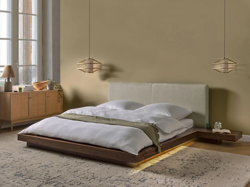 Beliani LED lova Boucle ZEN 160 x 200 cm LED ruda uosio spalva