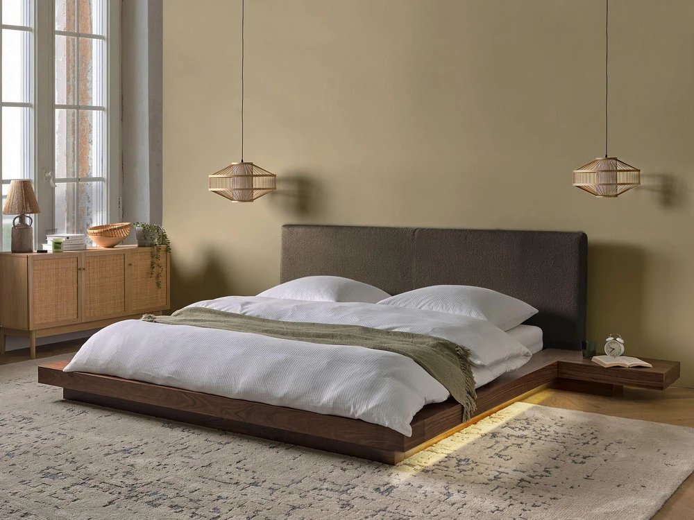 Beliani LED lova Boucle ZEN 180 x 200 cm, ruda uosio spalva