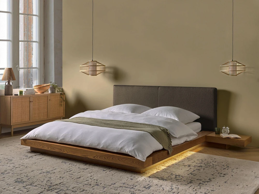 Beliani LED lova su boucle audiniu ZEN 160 x 200 cm natūralaus uosio spalvos