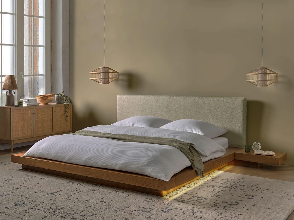 Beliani LED lova su Boucle ZEN 180 x 200 cm, natūralaus uosio spalvos