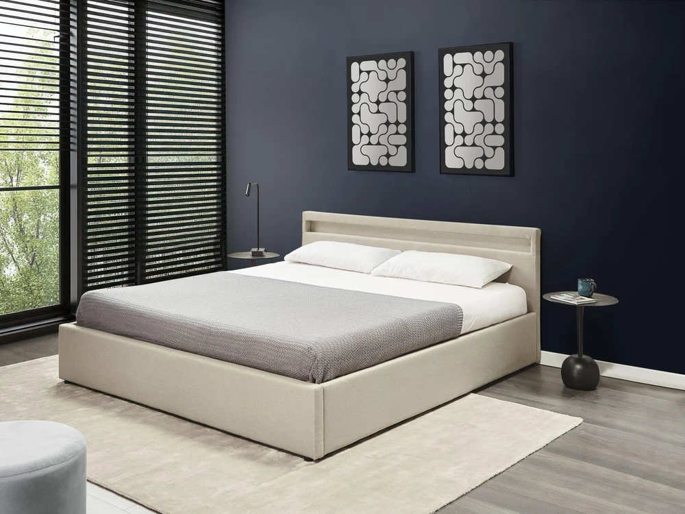 Beliani LED lova su patalynės dėže ARMELLE smėlio spalvos 180 x 200 cm