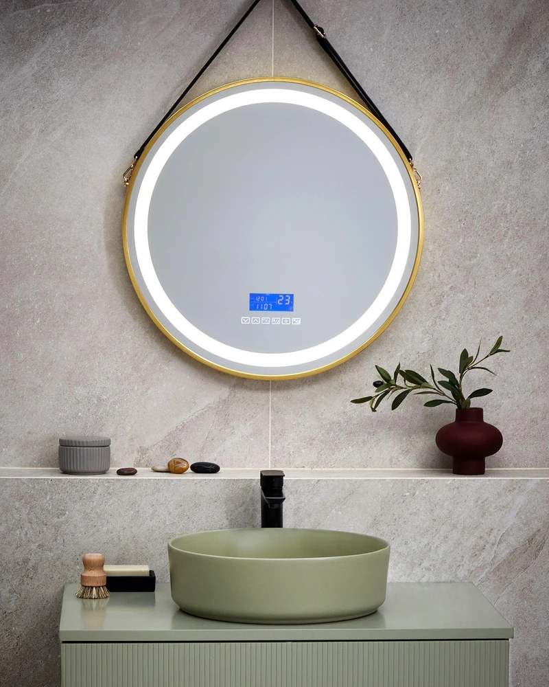 Beliani LED vonios veidrodis DAROIS 60 cm x 60 cm su integruotu Bluetooth garsiakalbiu, auksinis