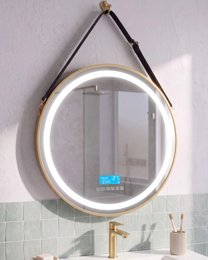 Beliani LED vonios veidrodis DAROIS 60 cm x 60 cm su integruotu Bluetooth garsiakalbiu, auksinis