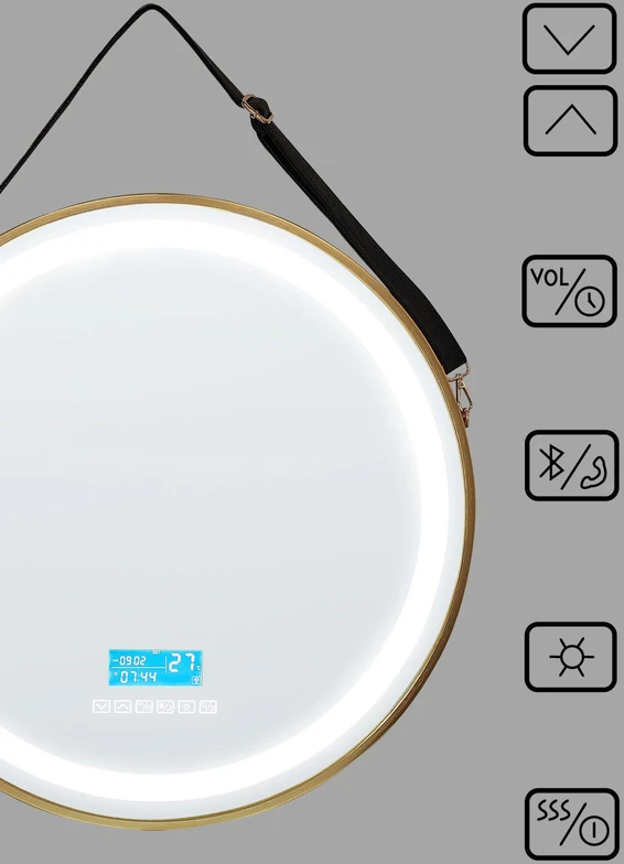 Beliani LED vonios veidrodis DAROIS 60 cm x 60 cm su integruotu Bluetooth garsiakalbiu, auksinis