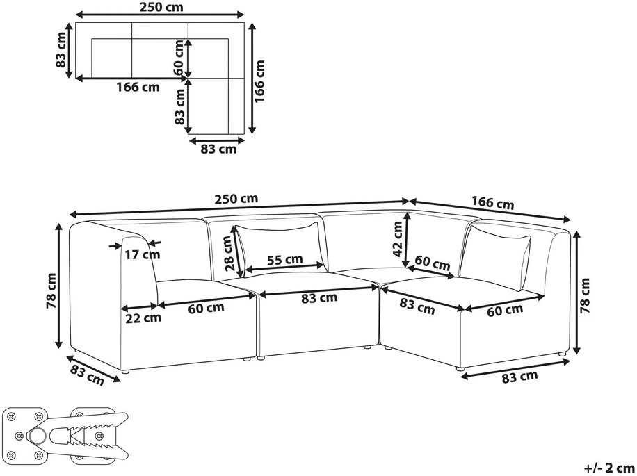 Beliani LEMVIG modulinė kampinė sofa 4 asmenims, kairinė, smėlio spalvos velvetas