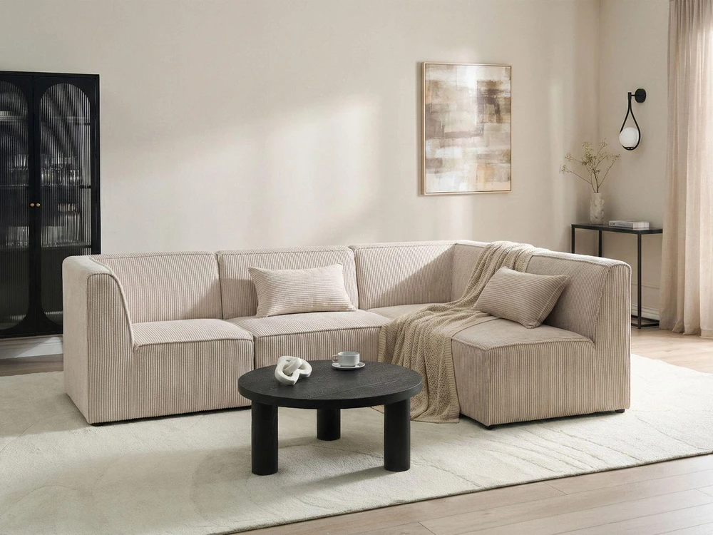 Beliani LEMVIG modulinė kampinė sofa 4 asmenims, kairinė, smėlio spalvos velvetas