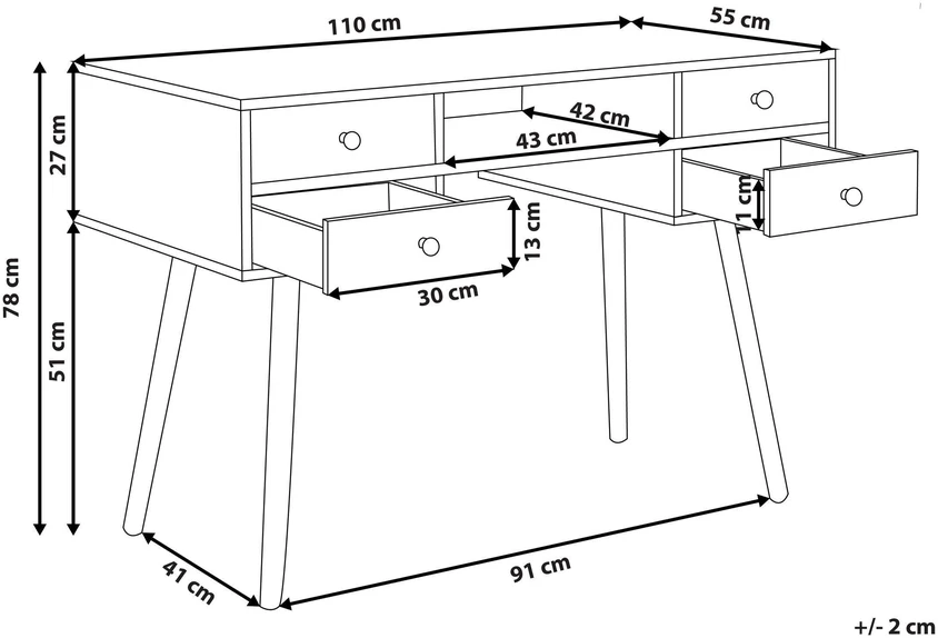 Beliani LEVIN rašomasis stalas 110 × 55 cm su stalčiais, baltas