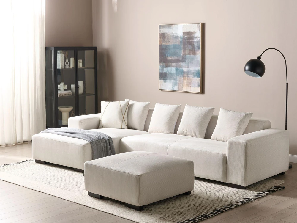 Beliani LUNGO 4 vietų kampinė sofa, velvetas, kreminė balta, dešininė