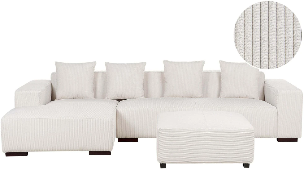 Beliani LUNGO 4 vietų kampinė sofa, velvetas, kreminė balta, dešininė
