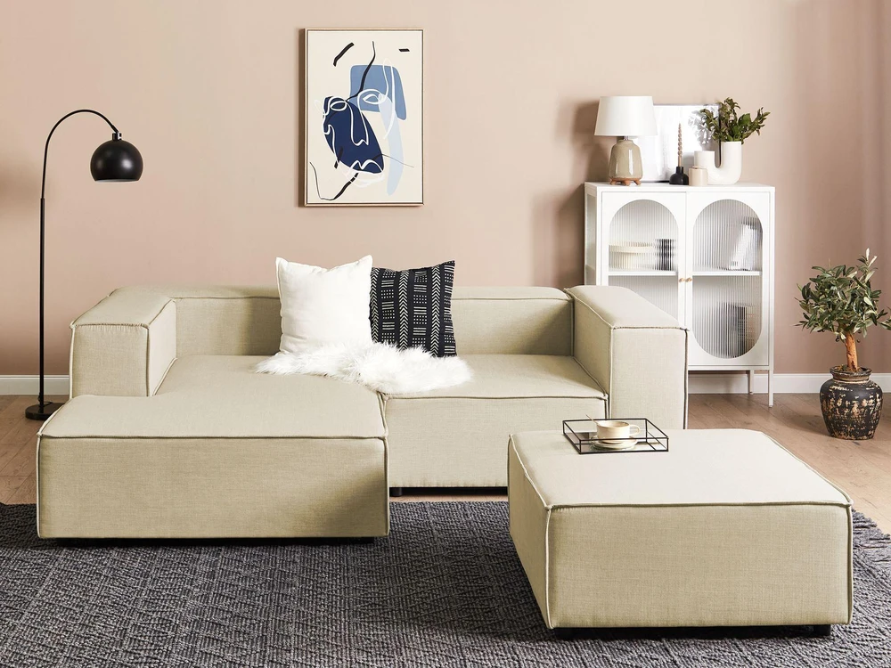 Beliani Modulinė 2 vietų sofa APRICA iš sintetinio lino, bežinė su otomanu, dešininė