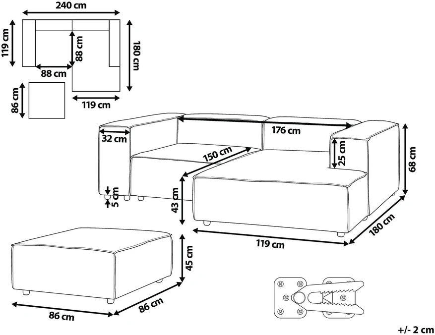Beliani Modulinė 3 vietų kairinė sofa ARDAL šviesiai ruda su otomanu iš velveto