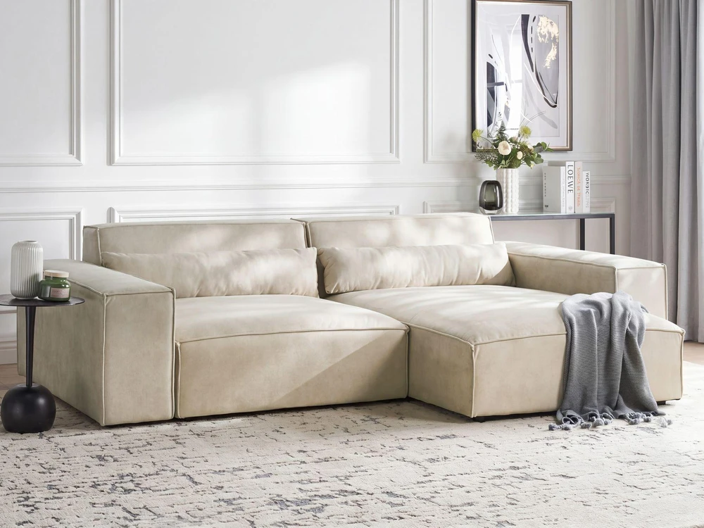 Beliani Modulinė 3 vietų kampinė sofa HELLNAR, veliūras, šviesiai smėlinė, kairės pusės