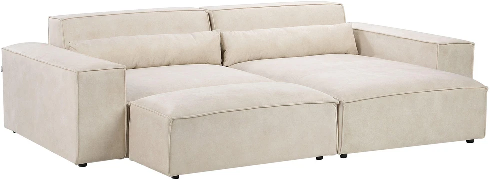 Beliani Modulinė 3 vietų kampinė sofa HELLNAR su otomana, veliūras, šviesiai smėlio spalvos, kairinė