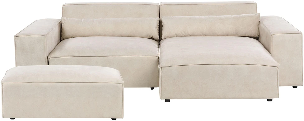 Beliani Modulinė 3 vietų kampinė sofa HELLNAR su otomana, veliūras, šviesiai smėlio spalvos, kairinė