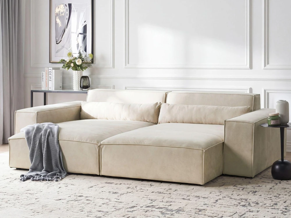 Beliani Modulinė 3 vietų kampinė sofa HELLNAR su ottomane, veliūrinė, šviesiai smėlio spalvos, dešininė