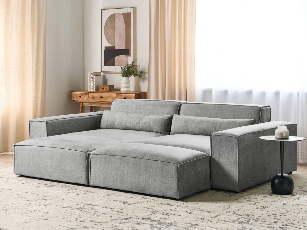 Beliani Modulinė 3 vietų kampinė sofa HELLNAR dešininė, pilka su otomane