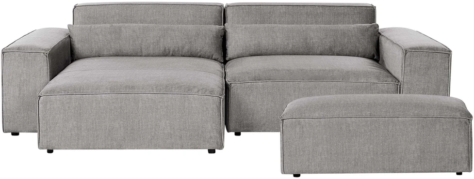 Beliani Modulinė 3 vietų kampinė sofa HELLNAR dešininė, pilka su otomane