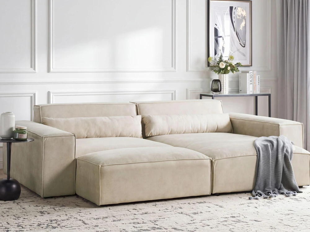 Beliani Modulinė 3 vietų kampinė sofa HELLNAR su otomana, veliūras, šviesiai smėlio spalvos, kairinė