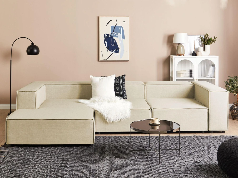 Beliani Modulinė 3 vietų sofa APRICA iš sintetinio lino, smėlio spalvos, dešininė