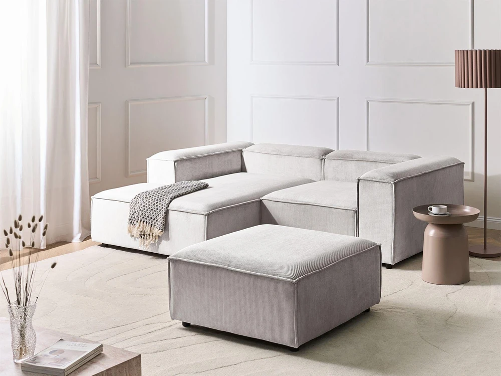 Beliani Modulinė 3 vietų sofa ARDAL dešininė, kreminės spalvos velvetinė su otomanu