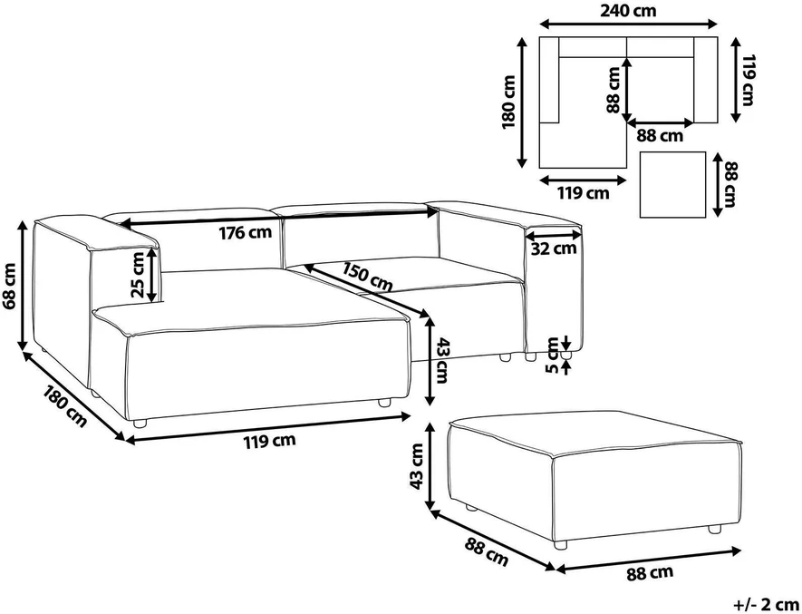 Beliani Modulinė 3 vietų sofa ARDAL dešininė, kreminės spalvos velvetinė su otomanu