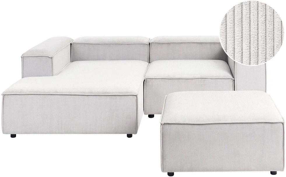 Beliani Modulinė 3 vietų sofa ARDAL dešininė, kreminės spalvos velvetinė su otomanu
