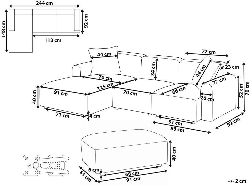 Beliani Modulinė 3 vietų sofa HEDE Boucle, balta, dešininė, su otomane