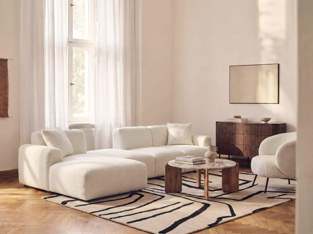 Beliani Modulinė 3 vietų sofa HEDE Boucle, balta, dešininė, su otomane