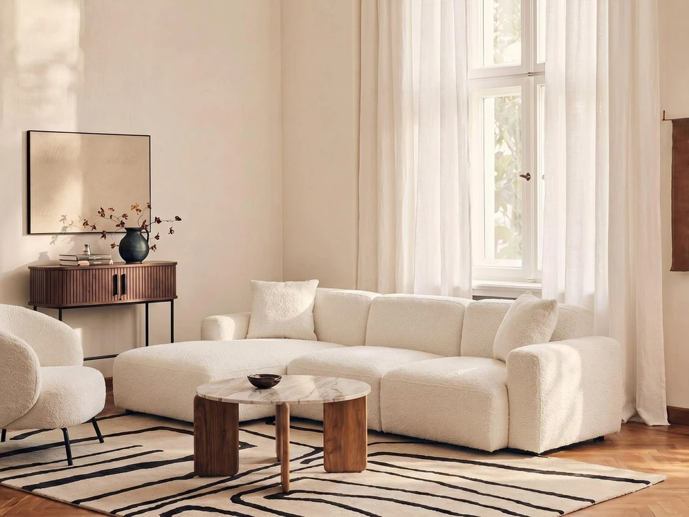 Beliani Modulinė 3 vietų sofa HEDE Boucle, balta, dešininė