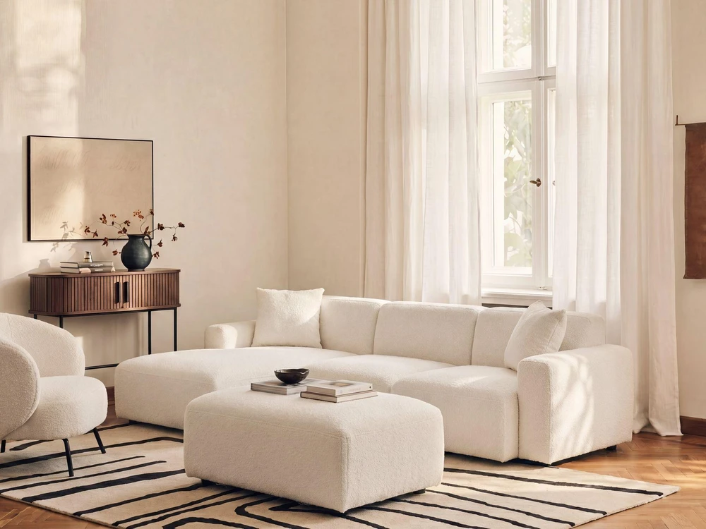Beliani Modulinė 3 vietų sofa HEDE Boucle, balta, dešininė, su otomane