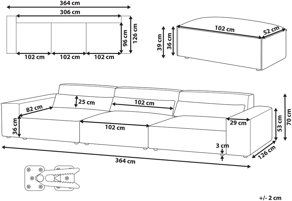 Beliani MODULINĖ 3 vietų sofa HELLNAR pilka su pufas