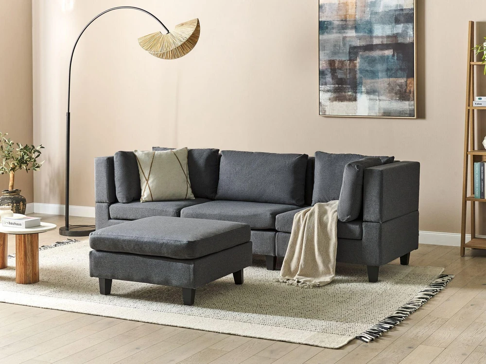Beliani Modulinė 3 vietų sofa UNSTAD, tamsiai pilka su pufu