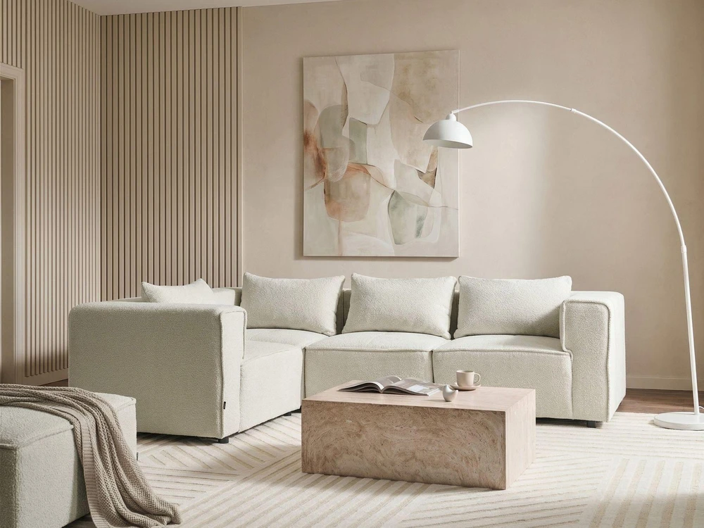 Beliani Modulinė 4 vietų kampinė sofa AXEBO dešininė, balta „Boucle“ audinys