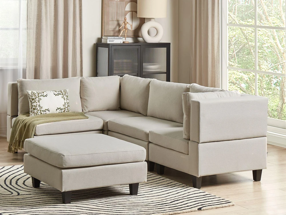 Beliani Modulinė 4 vietų kampinė sofa UNSTAD, dešininė, šviesiai smėlio spalvos, su otomane