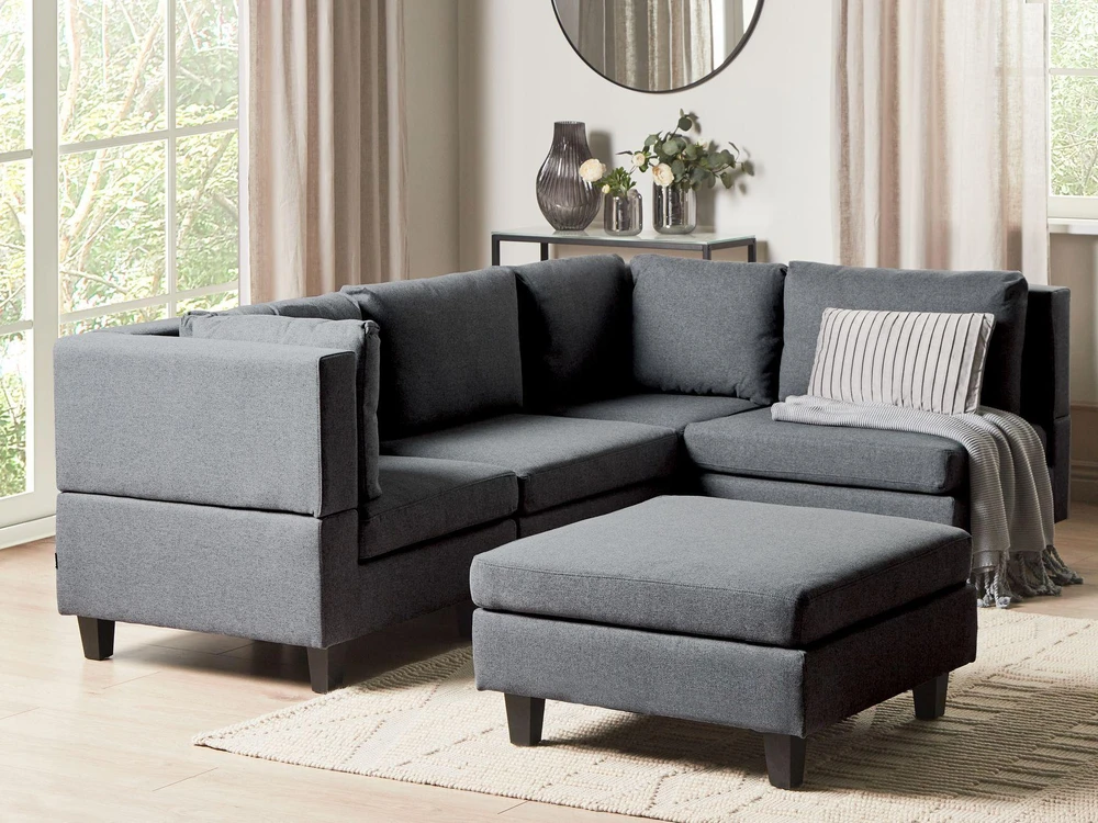 Beliani Modulinė 4 vietų sofa UNSTAD kairinė tamsiai pilka su pufu